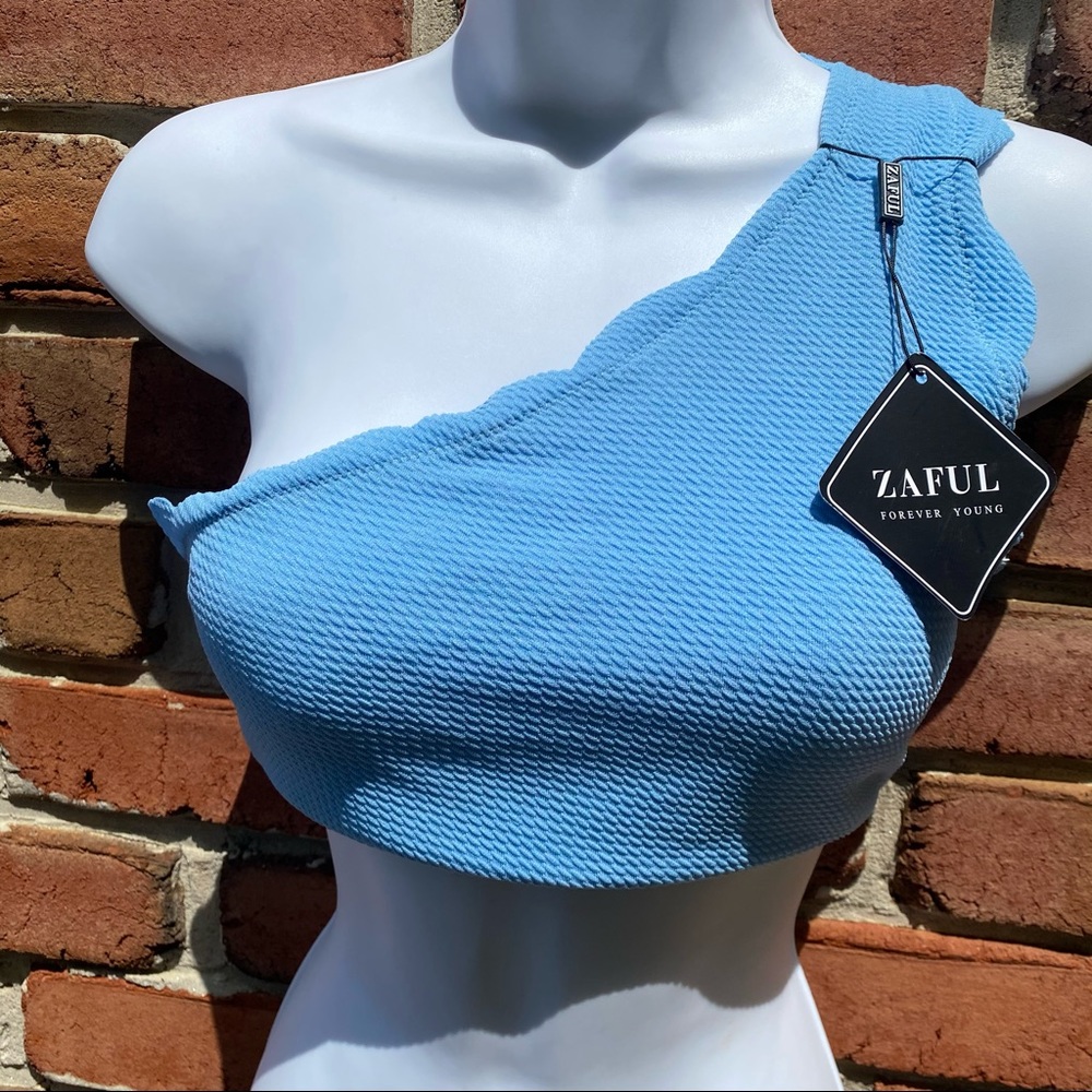 Zaful Blue Scalloped One Shoulder Bikini Swim Top